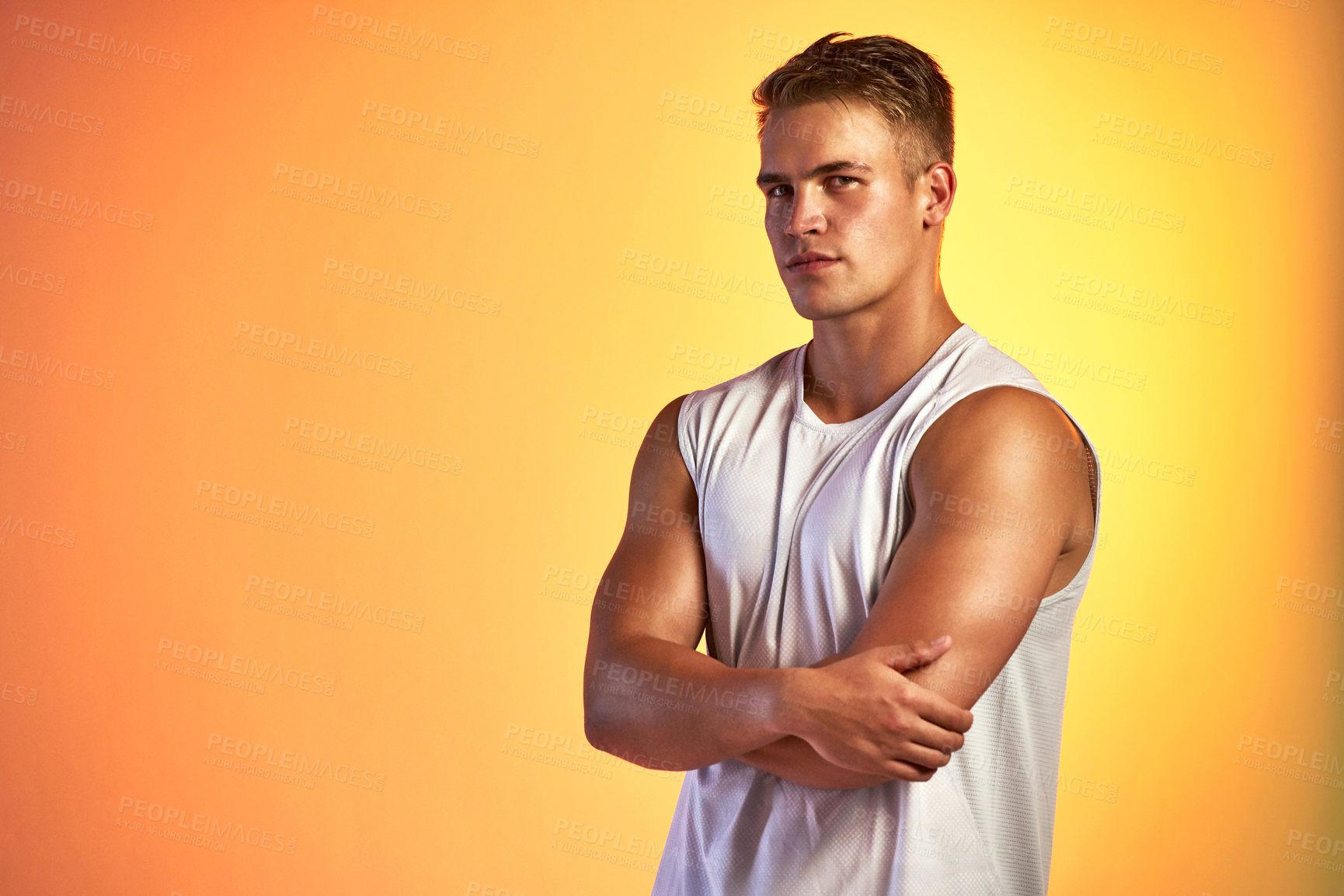 Buy stock photo Bodybuilder, man and arms crossed in studio portrait with confidence for fitness by background. Person, wellness and pride for muscle growth, training or results for power by mock up space in Germany