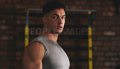Buy stock photo Portrait of a sporty young man exercising at the gym