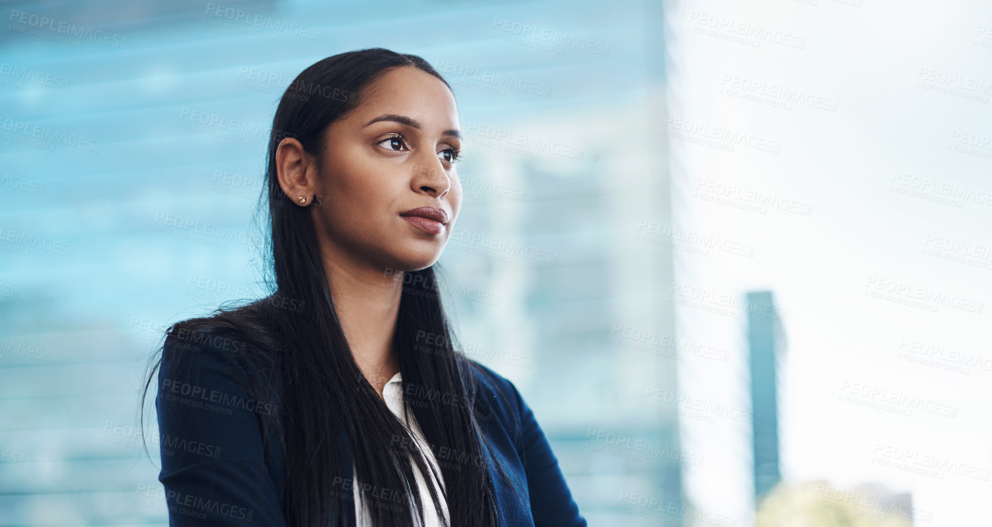 Buy stock photo Woman, thinking and opportunity in city for business and future career or goal in company. Building, corporate and professional person in street with ideas or inspiration for growth and development