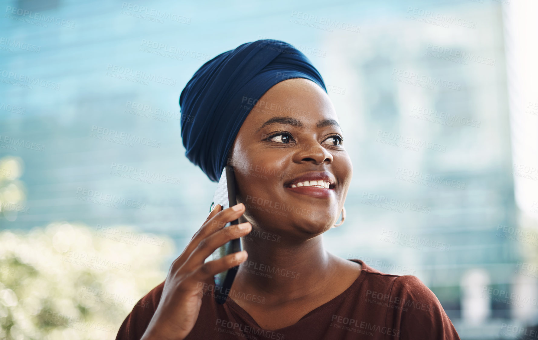 Buy stock photo Phone call, listening and business woman in city for conversation. legal consulting or advice. Contact, African and lawyer with mobile for discussion, information or confirm meeting in urban town