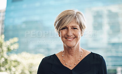 Buy stock photo Mature woman, business and portrait in city for career, ambition and professional employee with smile. Executive, corporate and face outdoor in urban for confidence, growth and company with pride