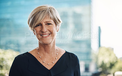 Buy stock photo Portrait, mature woman and smile for business in city or positive mindset for career or work. Ceo, pride or happy and professional on balcony or outdoor with confidence for management of company 