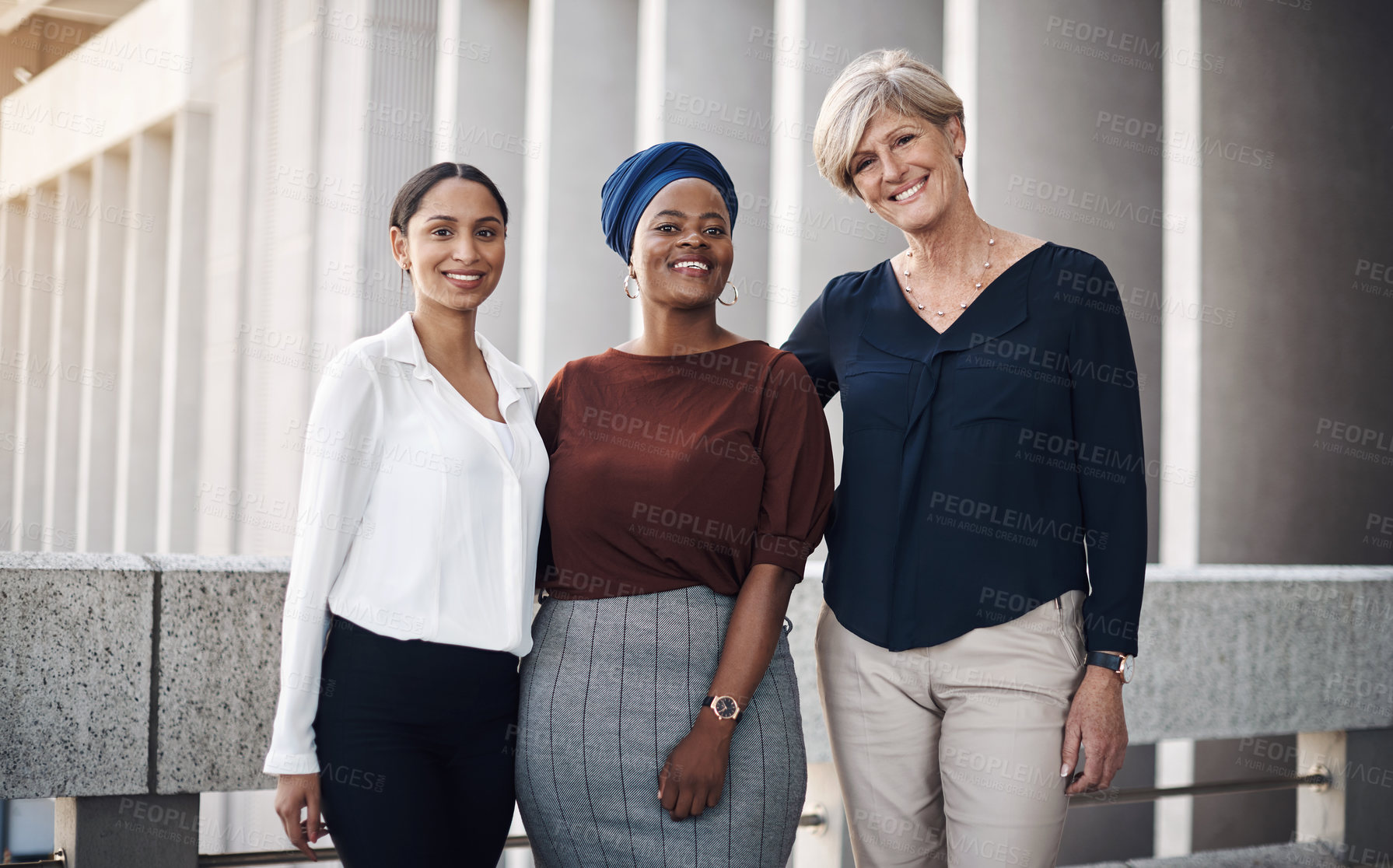 Buy stock photo Group, business and women in portrait outdoor for meeting discussion, legal collaboration and corporate career. Smile, diversity and people as lawyers for urban project, cooperation and city together