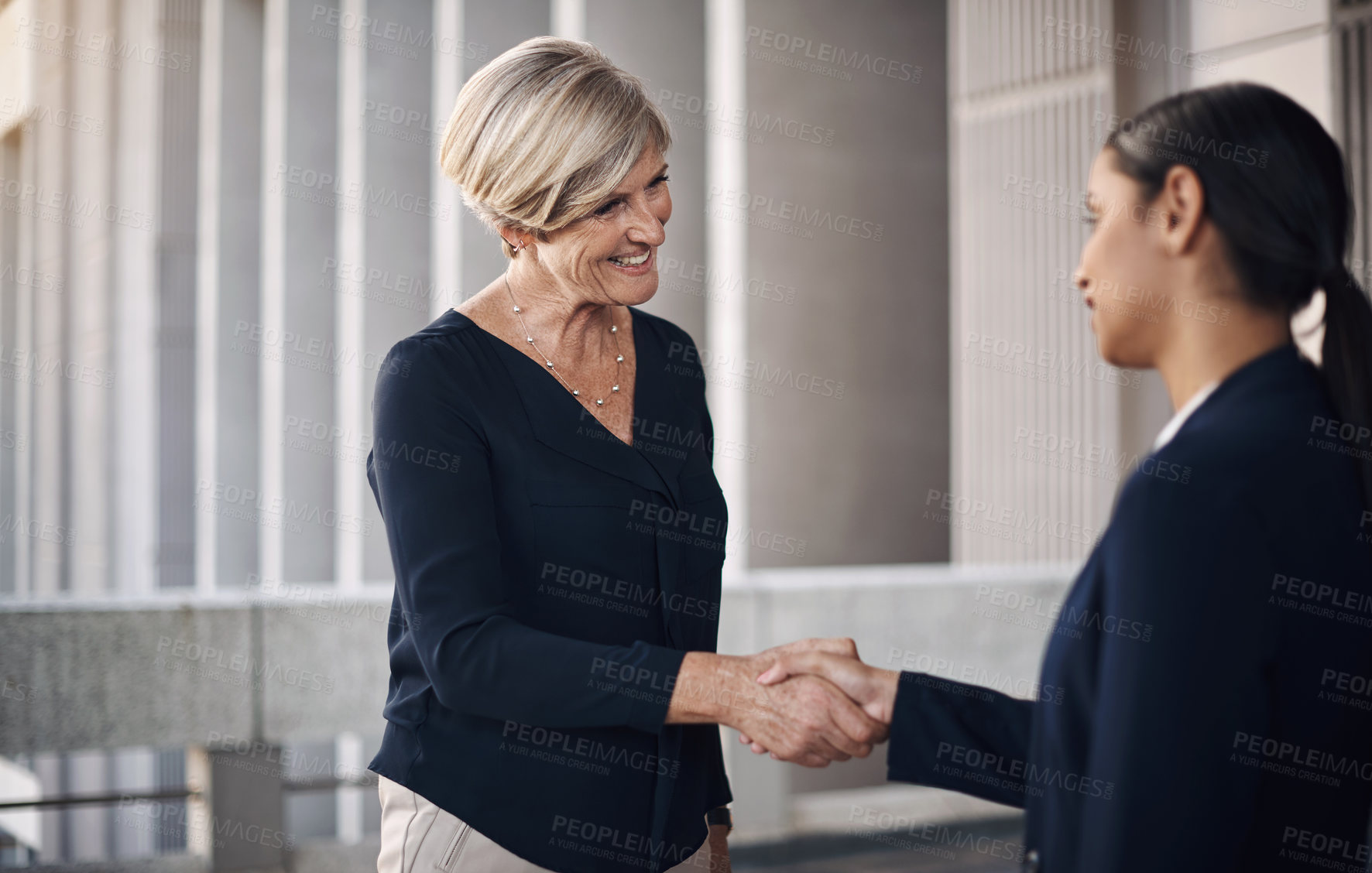 Buy stock photo Business people, happy woman or shaking hands in meeting, partnership and law firm on balcony. Smile, respect or corporate lawyer with client for negotiation, support and consulting for legal advice