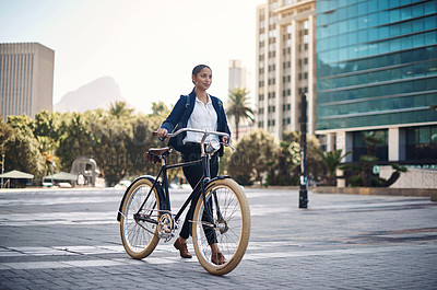 Buy stock photo Travel, city and businesswoman walking with a bicycle in the morning in the street to work. Eco friendly, transport and professional female employee commuting to the office with a bike in urban town.