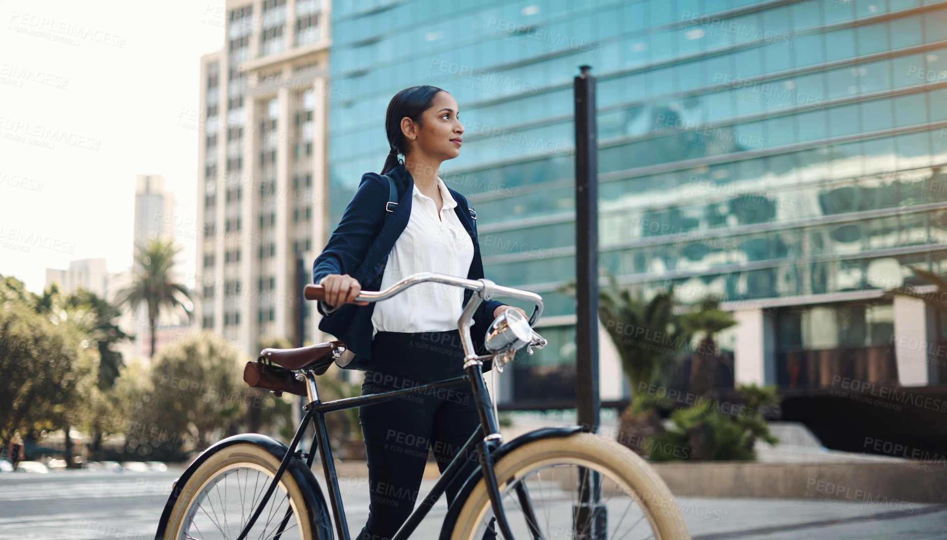 Buy stock photo Travel, city and professional woman with a bicycle in the morning walking in the street to work. Eco friendly, transport and business female employee commuting to the office with a bike in urban town