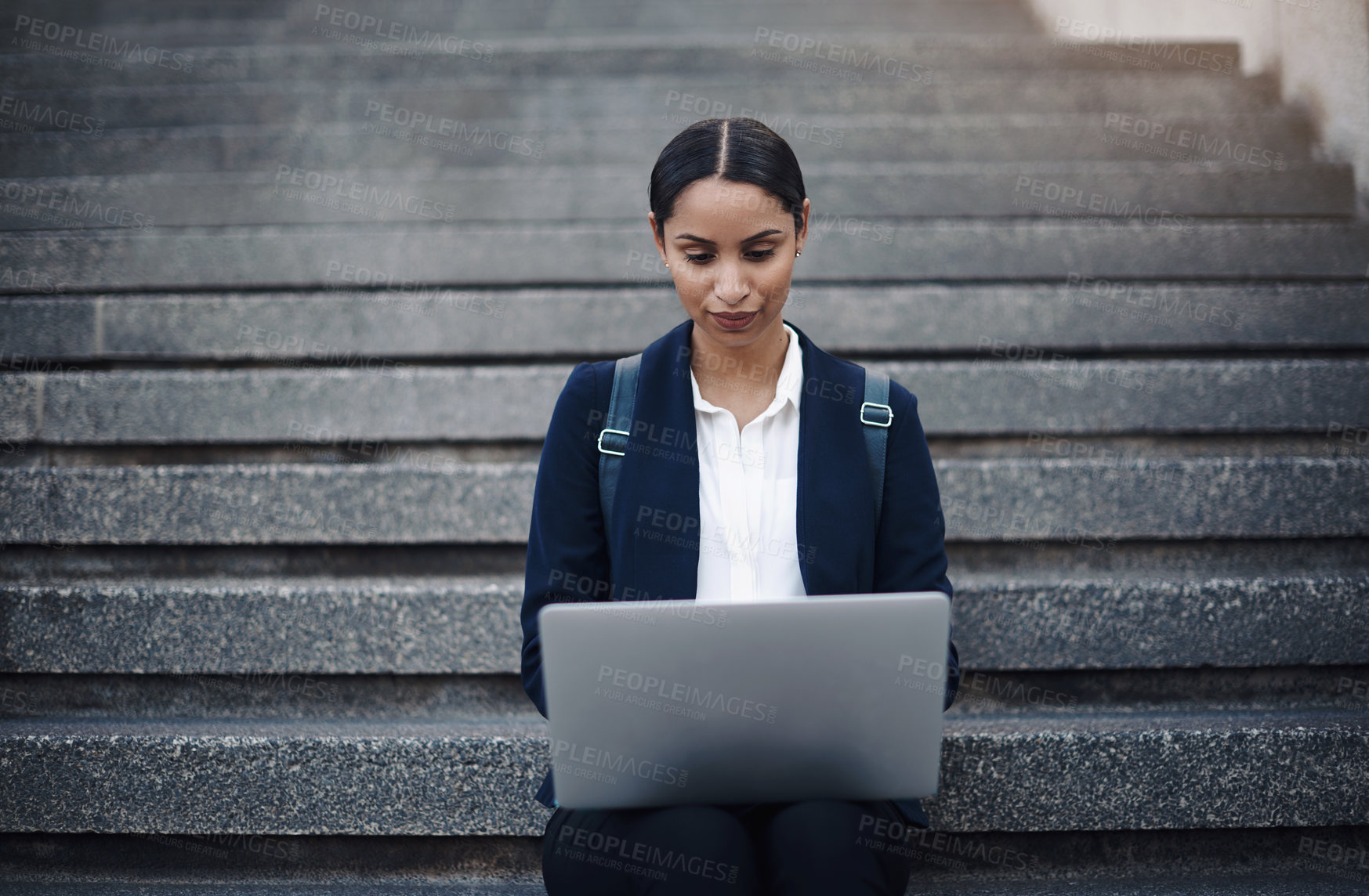 Buy stock photo Business woman, laptop and remote work on stairs for planning, research and networking outdoor. Journalist, technology and freelance in city for creativity, inspiration or typing storytelling article