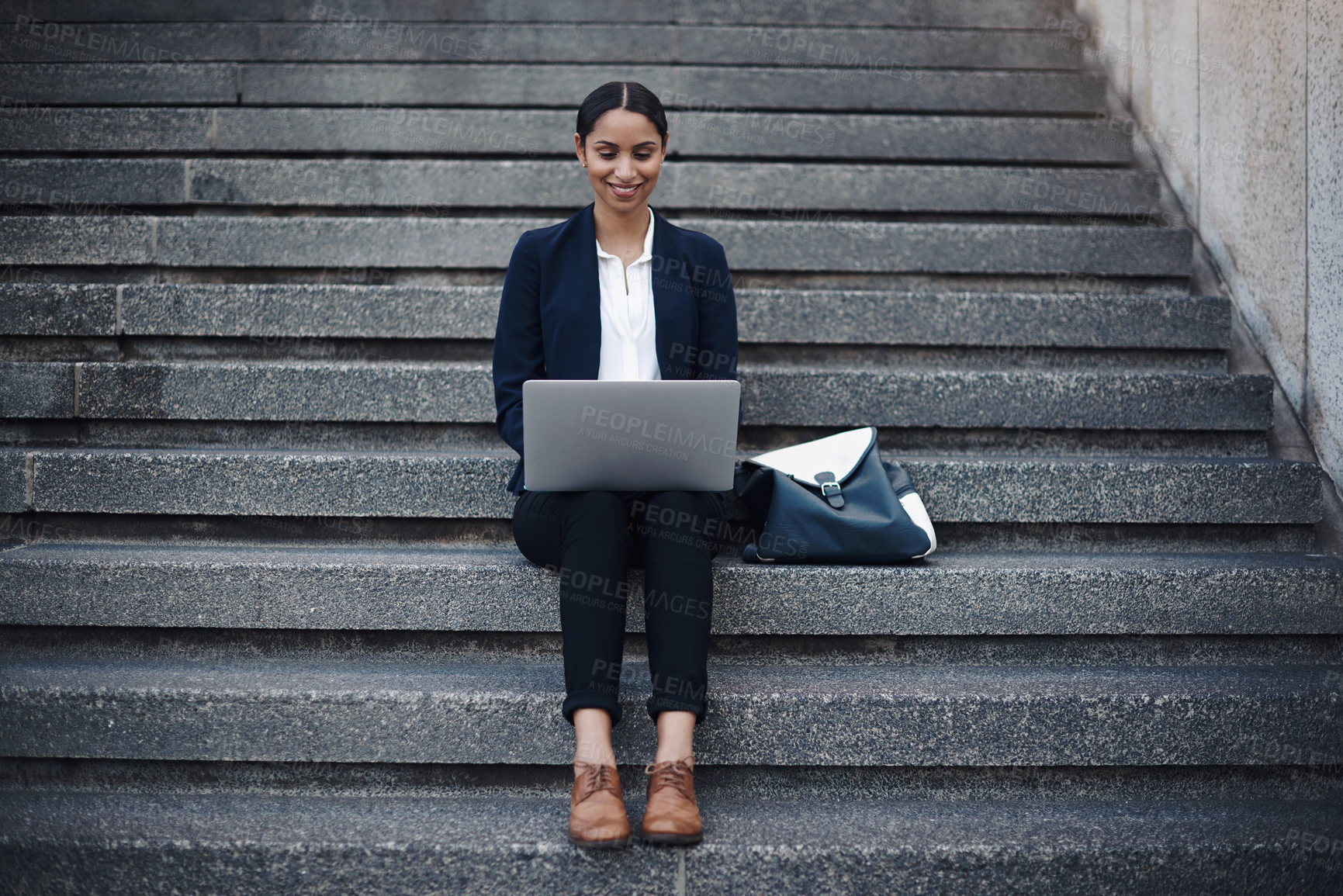 Buy stock photo Business woman, laptop and on stairs for planning, research and networking outdoor as remote work. Journalist, technology and freelance in city for creativity, inspiration and storytelling article