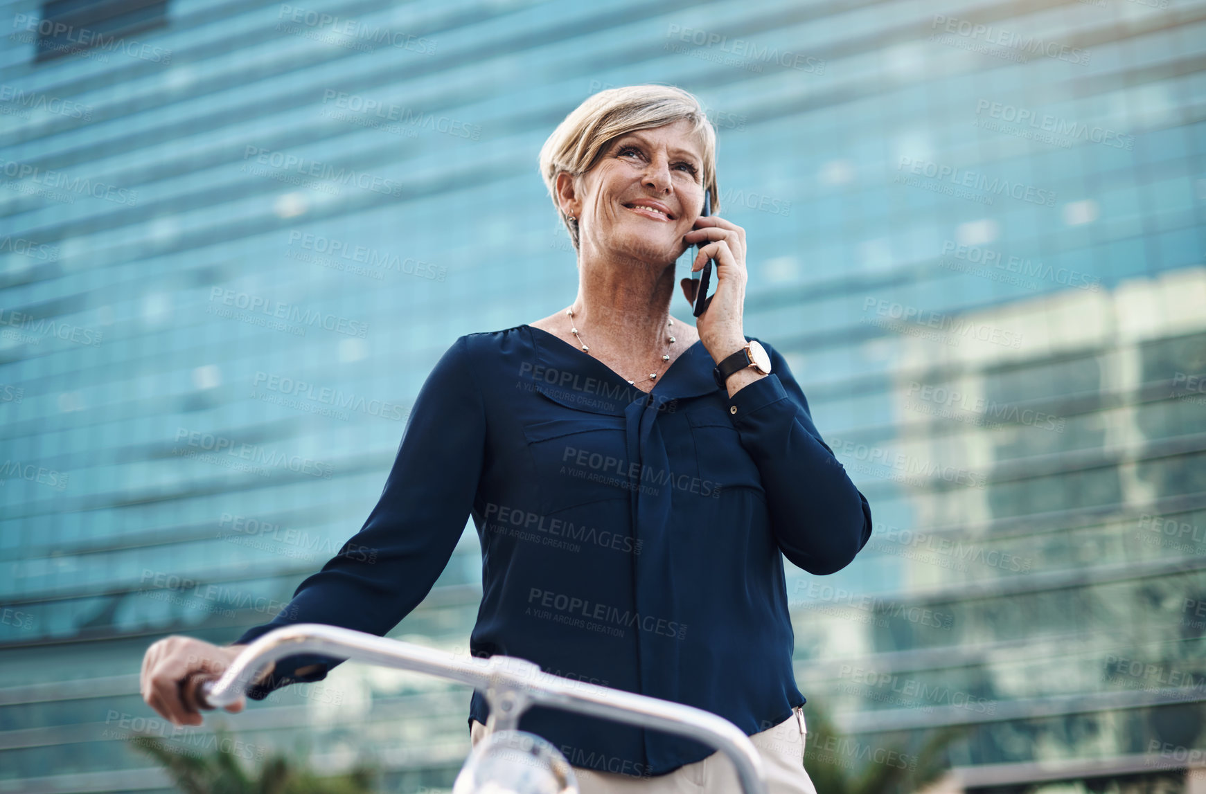 Buy stock photo Phone call, bicycle and mature businesswoman in city for conversation. legal consulting or travel. Contact, speaking and lawyer with mobile for discussion, negotiation or morning commute to office