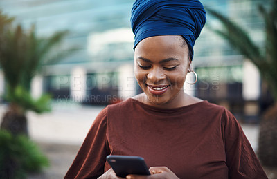 Buy stock photo African woman, smartphone and happy in city for business, networking or notification for online app. Technology, corporate female person and smile in street for connectivity, website and social media