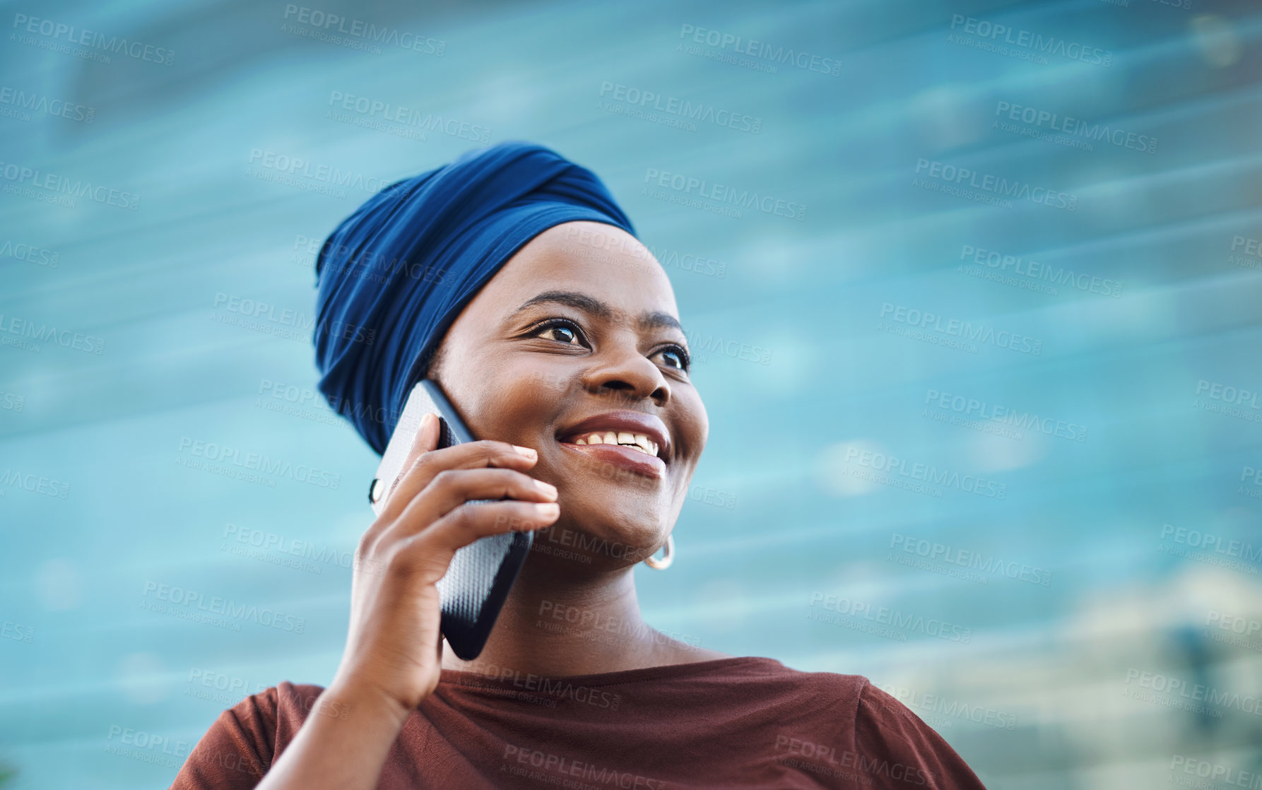 Buy stock photo Discussion, business woman and phone call in city for conversation, legal consulting or commute. Contact, African and lawyer for listening, negotiation or schedule meeting with client in morning