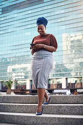 Buy stock photo Black woman, phone and city walking of a happy employee with smile and social network app. African female person, mobile communication text and networking with tech and internet by urban streets 