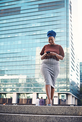 Buy stock photo Black woman, phone text and city walking of a employee with happiness and social network app. African female person, mobile communication and networking with tech and internet by urban streets 