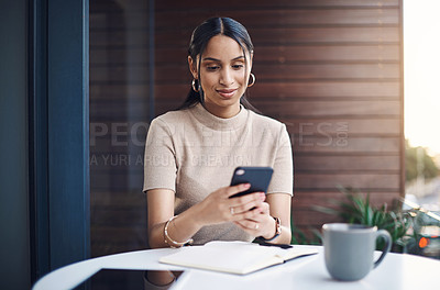 Buy stock photo Woman, home and happy in balcony with smartphone for networking, communication or research. Female person, house and smile with notebook for writing notes or social media, entertainment and fun