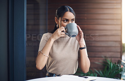 Buy stock photo Coffee, thinking and woman in office with ideas for creative startup company growth project. Planning, brainstorming and female ceo with small business in journalism drinking cappuccino in morning.