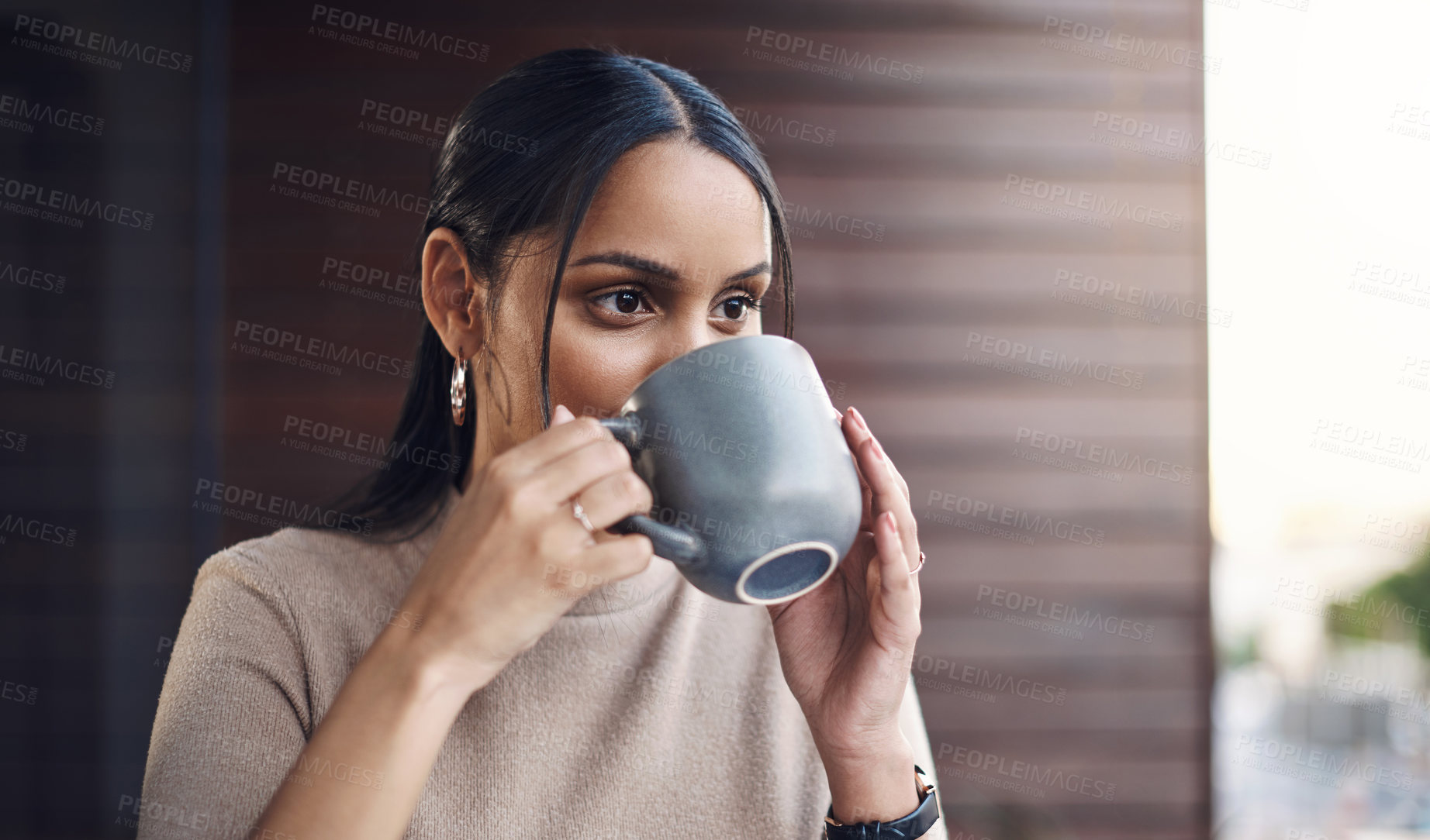 Buy stock photo Coffee, thinking and woman in office with planning for creative startup company growth project. Ideas, brainstorming and employee with small business in journalism drinking cappuccino in morning.