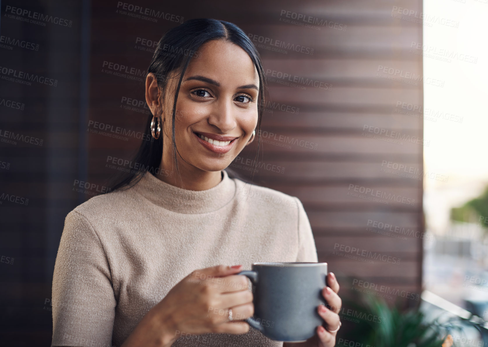 Buy stock photo Coffee, portrait and woman in office with confidence for creative startup company growth project. Career, smile and female ceo with pride for small business in journalism drink cappuccino in morning.