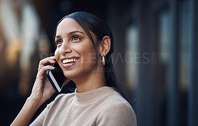 Buy stock photo Phone call, discussion and business woman in city for conversation, schedule meeting or project feedback. Outdoor, mobile and employee for talking, networking or planning with client in urban town