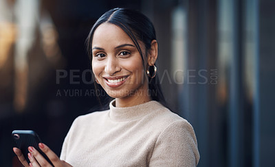 Buy stock photo Office, happy and portrait of woman with phone for network, communication and online schedule. Confident, graphic designer and smile with tech at work for market research, website plan or information