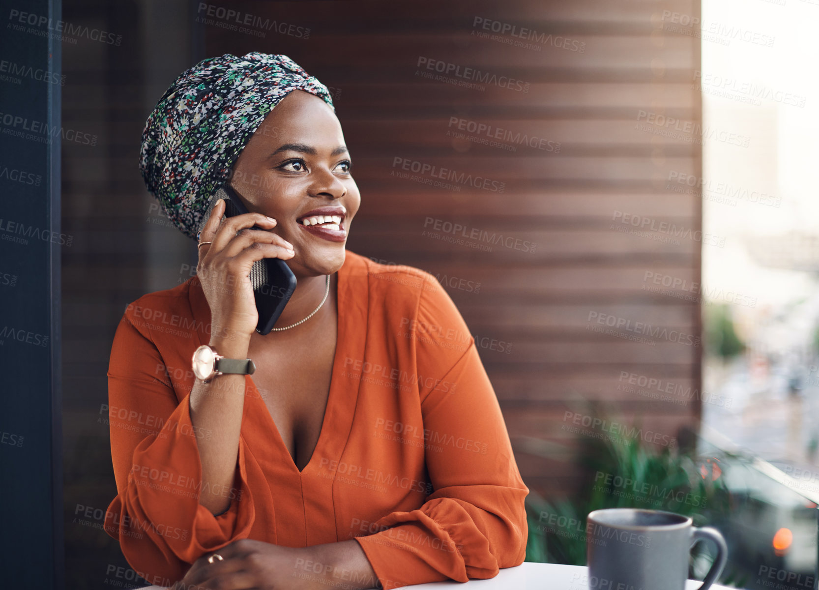 Buy stock photo Coffee, phone call and thinking of business woman on balcony of office in city for break or pause. African, idea and smile with happy employee at workplace in urban town for communication or planning