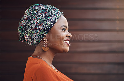 Buy stock photo Business, thinking and profile of black woman with smile, confidence and professional on wood background. Planning, ideas and traditional African advisor in office for development, growth and support