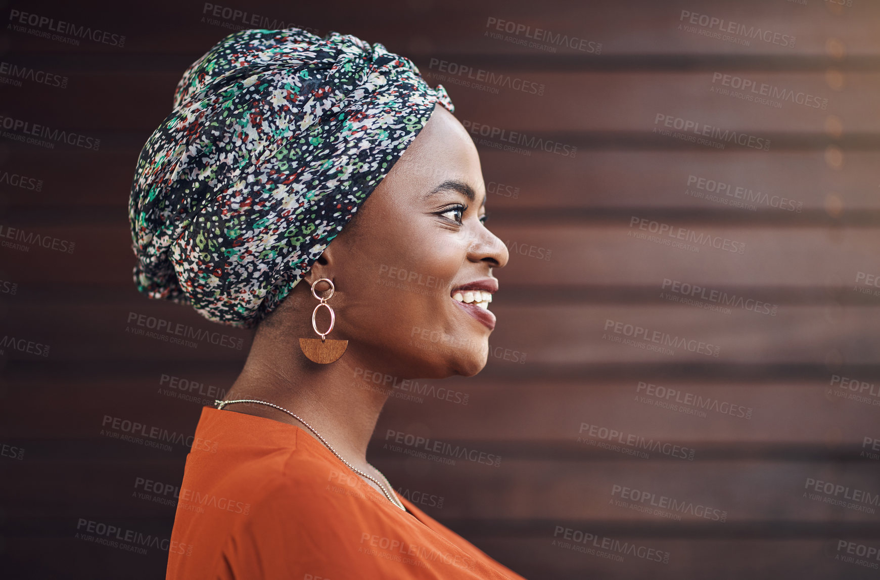 Buy stock photo Business, thinking and profile of black woman with smile, confidence and professional on wood background. Planning, ideas and traditional African advisor in office for development, growth and support