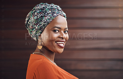 Buy stock photo Happy, creative and portrait of black woman by office with confidence for fashion career. Smile, pride and face of professional female designer with turban from Nigeria by wood wall in workplace.