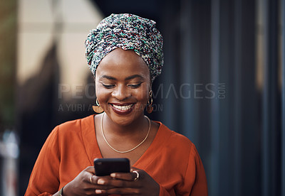 Buy stock photo Black woman, happiness and phone text with online communication and networking. Happy, smile and female business employee on a mobile with social media and internet scroll reading a web message 