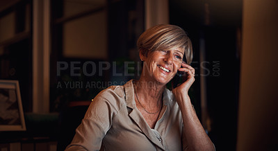 Buy stock photo Mature, businesswoman and boss with phone call in office for communication, conversation and networking at night. Professional, person and CEO with mobile chat for b2b deal, talking and negotiation