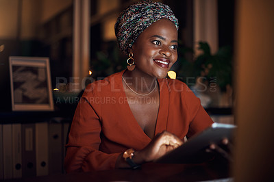 Buy stock photo Business, black woman and tablet as entrepreneur with working late, happy and confident in office. Female person, technology and overtime for deadline, project or editing, as online content creator