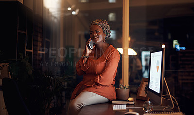 Buy stock photo Phone call, night and business woman in office with communication for client project deadline. Networking, computer and African financial advisor on mobile discussion for wealth management report.