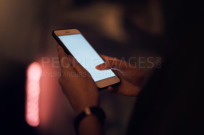 Buy stock photo Hands, screen and smartphone in office or reading and internet for mobile app or notification. Technology, journalist and online blog for connectivity at night or mockup for social media or network