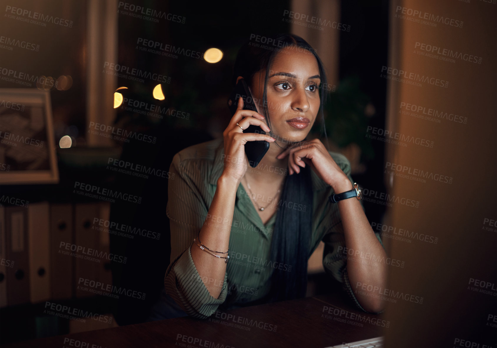 Buy stock photo Phone call, woman and computer at night with review and networking for feedback at desk. Consultant, connection and technology in office for career, conversation and desktop for business or research