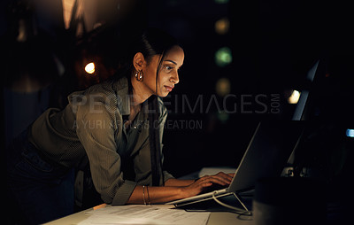 Buy stock photo Business woman, night and computer coding with web layout, deadline and ux programmer in office. Internet, typing and online at workplace with website update and coder with digital project in dark