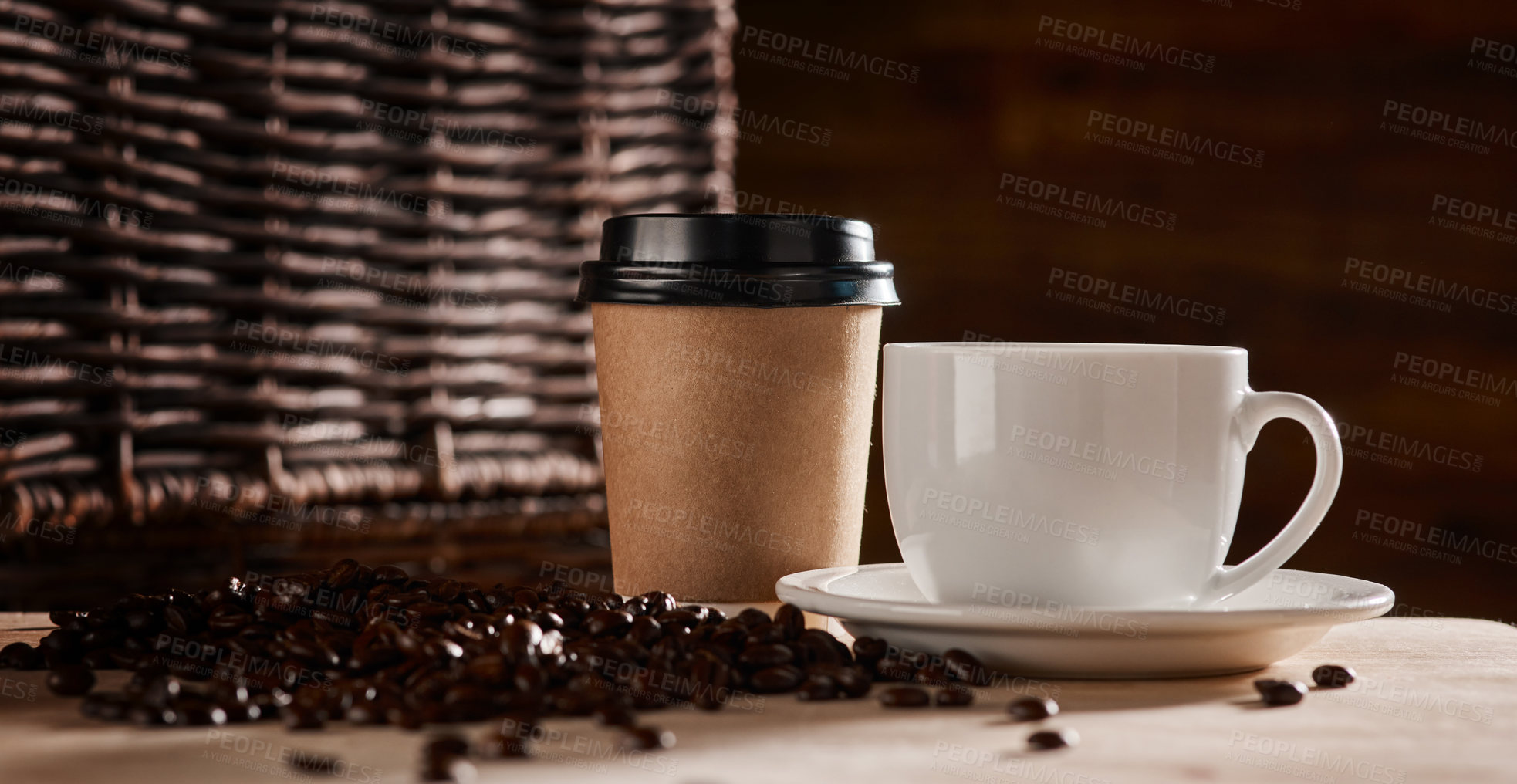 Buy stock photo Coffee, mockup and cup in studio for with beans for drink, caffeine beverage and cappuccino. Small business, aesthetic and mug with brew for restaurant, cafe shop and diner for on brown background