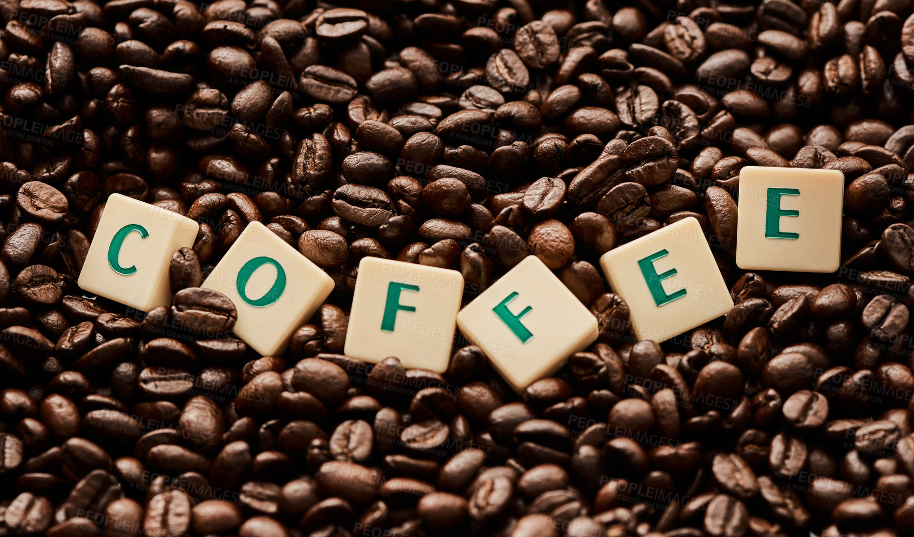 Buy stock photo Coffee, blend and beans with block with word for caffeine, production and natural manufacturing. Roast, supply and organic granules with letter of text for beverage, background and espresso statement