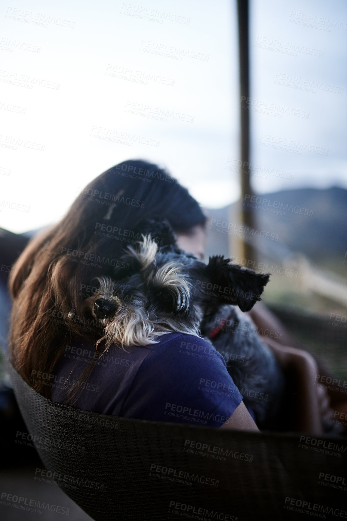 Buy stock photo Shot of a young woman relaxing with her adorable dog in a hammock