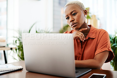 Buy stock photo Typing, online and black woman with laptop, thinking and serious for ideas in office and copywriting. Writer, working and creative for website on desk, reading and confident in company and person