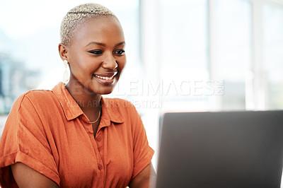 Buy stock photo Typing, online and black woman with laptop, smile and thinking of ideas in office and copywriting. Writer, working and creative for website on desk, reading and confident in company and person