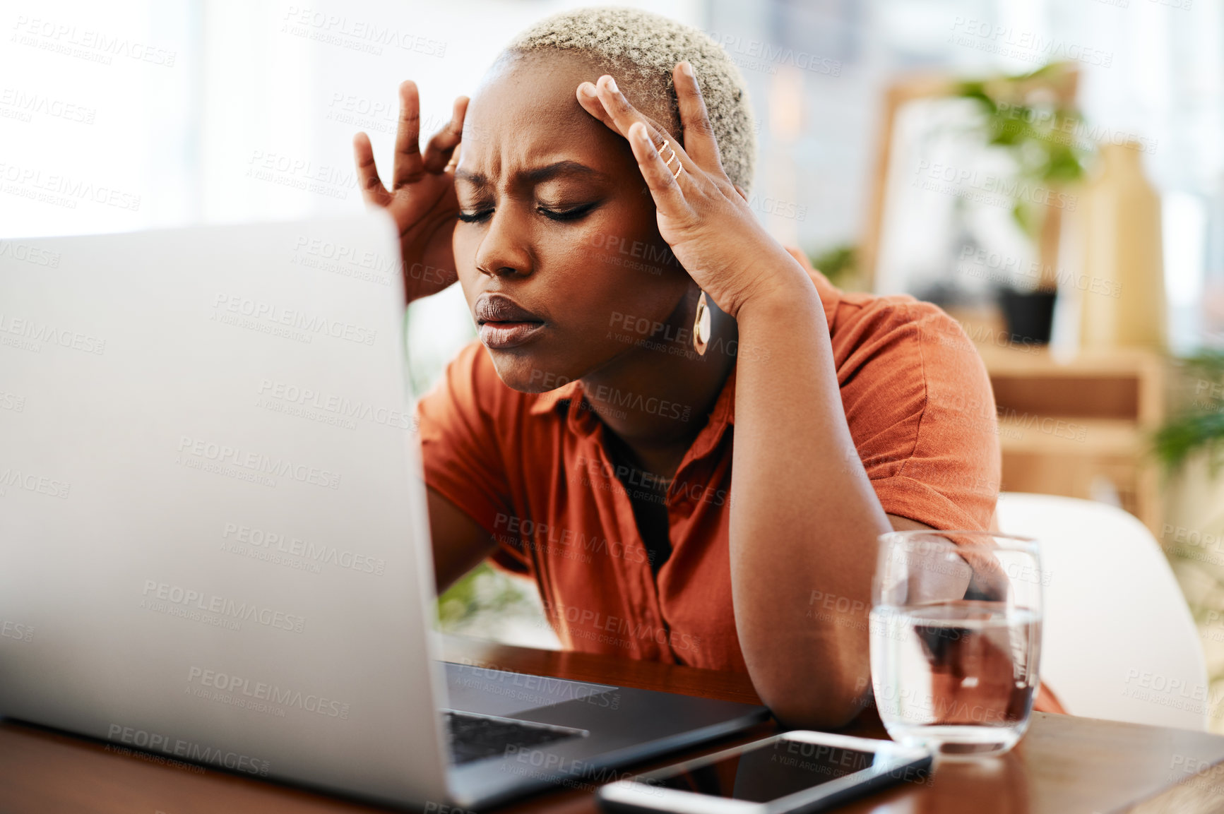 Buy stock photo Headache, stress and business black woman on laptop for error, 404 glitch and networking problem. Corporate office, communication and female worker with burnout, frustrated and mistake on computer