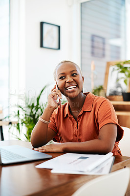 Buy stock photo Phone call, happy and business black woman in office for contact, connection and networking. Corporate, communication and female worker laughing on smartphone for conversation, discussion and chat