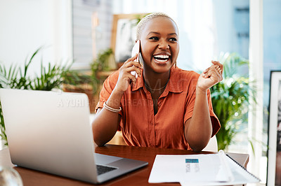 Buy stock photo Phone call, laugh and business black woman in office for contact, connection and network. Corporate, communication and happy female worker on smartphone for funny conversation, discussion and chat
