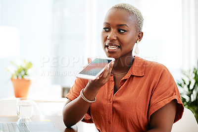 Buy stock photo African business woman, phone call and speaker in office, startup and thinking with contact for deal. Person, smartphone and ideas with connection, networking and conversation at creative agency