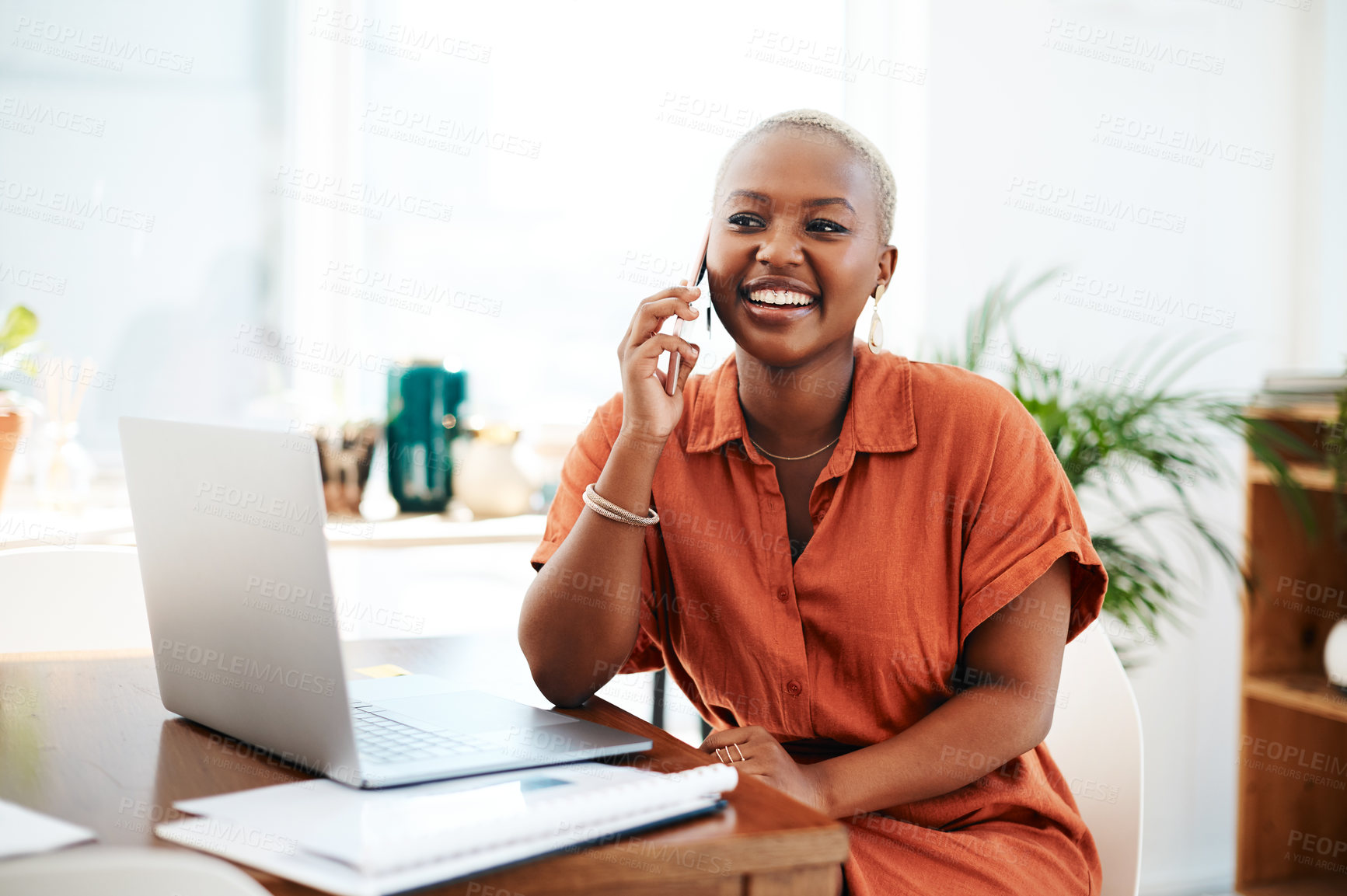 Buy stock photo Phone call, communication and happy black woman with laptop for contact, connection and networking. Corporate office, business and female worker on smartphone for conversation, discussion and chat