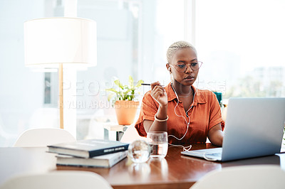 Buy stock photo Office, design and black woman at laptop thinking, editing and search on website for professional ideas. Computer, earphones and creative girl reading email, review or online report at digital agency