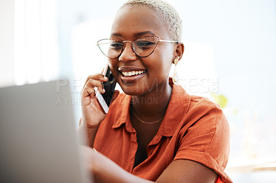 Buy stock photo Laptop, phone call and happy black woman in office for conversation, planning and discussion. Communication, networking and face of female worker working on computer for connection, email and contact