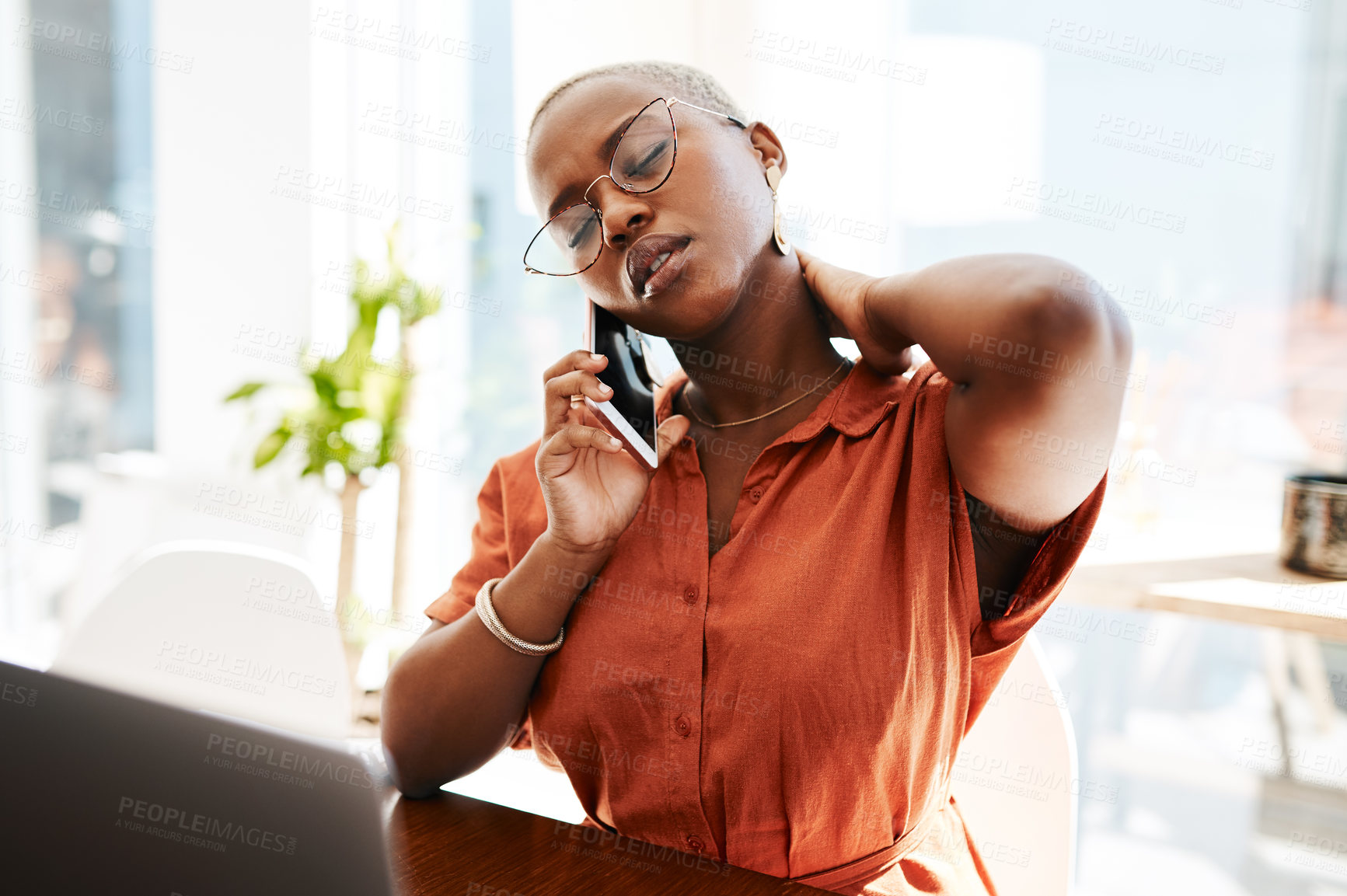 Buy stock photo Phone call, stress and business black woman with neck pain, strain and muscle ache from problem. Corporate office, communication and female worker with burnout, frustrated and overworked at desk