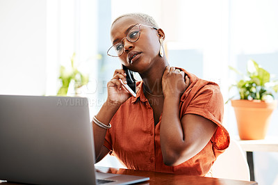 Buy stock photo Phone call, stress and business black woman with laptop for error, mistake and network problem. Corporate office, communication and female worker with burnout, neck pain and confused in conversation