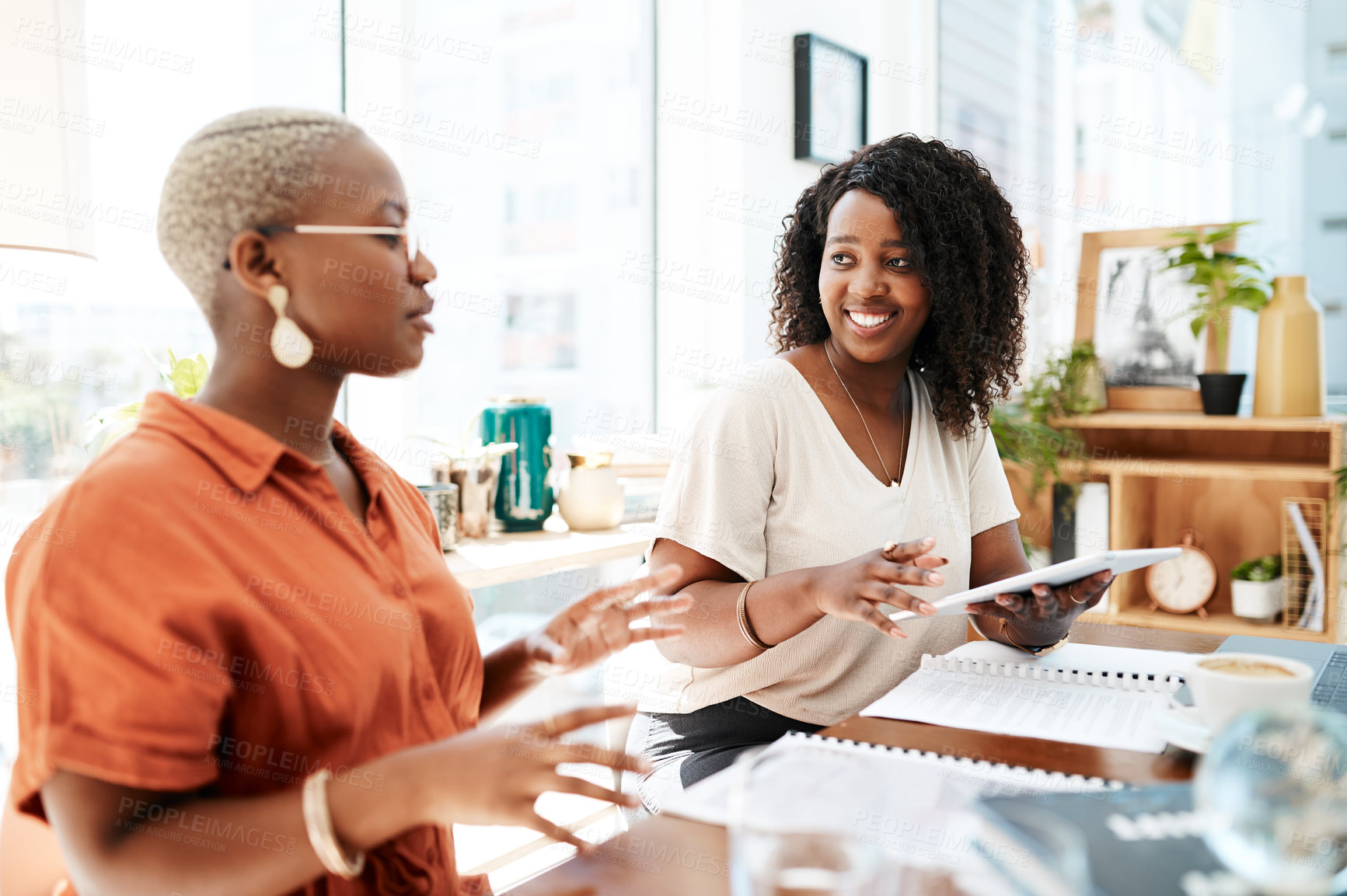 Buy stock photo Business people, women and teamwork with tablet in office for market strategy, brainstorming and creative ideas. Happy, employees and collaboration with digital tech for planning project or talking