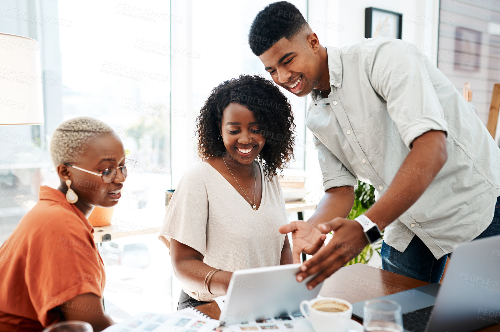 Buy stock photo Meeting, business people and tablet in office for collaboration, proposal or feedback. Creative agency, communication and employees in discussion for teamwork, project or campaign ideas in workplace